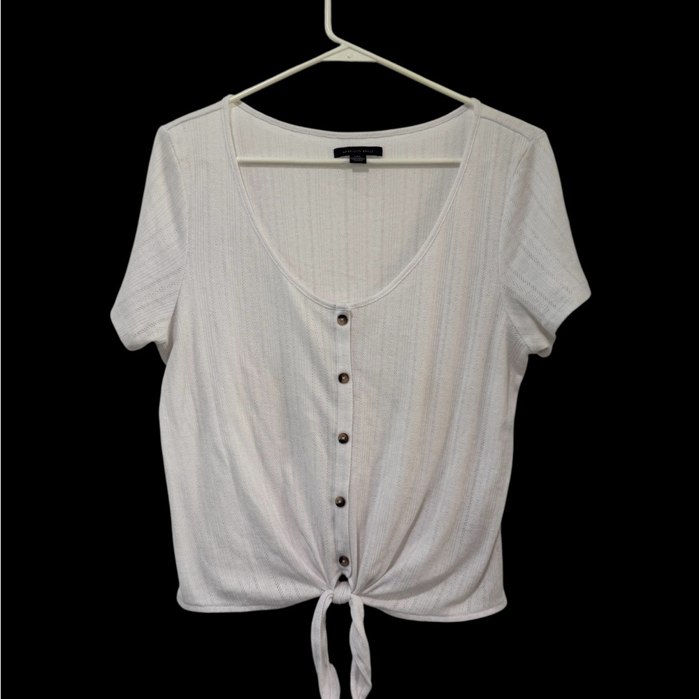 American Eagle Outfitters Cream Button-Down Tie-Front Top